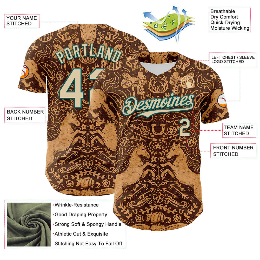 Custom Brown City Cream-Midnight Green 3D Emi Bee Cowpoke Damask Authentic Baseball Jersey