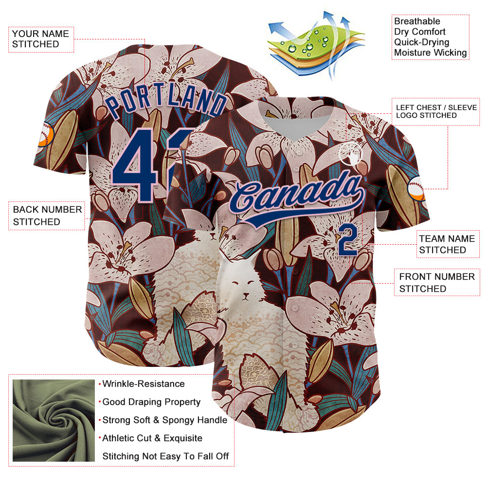 Custom Brown US Navy Blue-Light Pink 3D Syntetyc Cat And Lilies Authentic Baseball Jersey