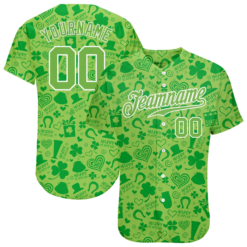 Custom Neon Green Neon Green-White 3D Pattern Design Authentic St. Patrick's Day Baseball Jersey