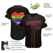 Custom Black Purple-Orange Rainbow Colored Heart For World Pride LGBT Authentic Baseball Jersey