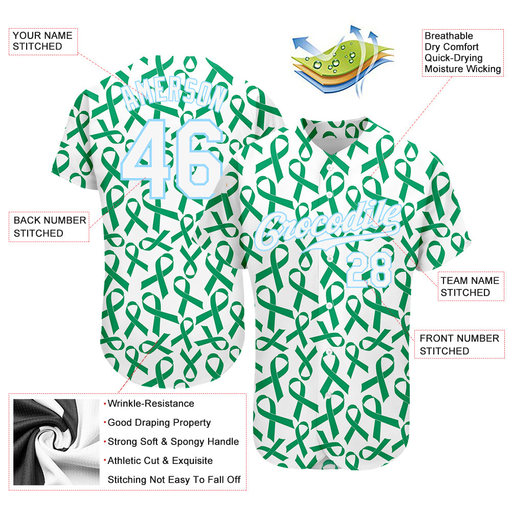Custom Kelly Green White-Light Blue 3D Pattern Design Breast Cancer Authentic Baseball Jersey