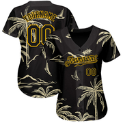 Custom Black Gold 3D Pattern Design Hawaii Palm Trees Island And Sailboat Authentic Baseball Jersey