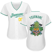 Custom White Kelly Green-Gold Authentic Skull Pineapple Head Baseball Jersey