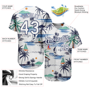 Custom White Navy 3D Pattern Design Hawaii Palm Trees Island And Sailboat Authentic Baseball Jersey