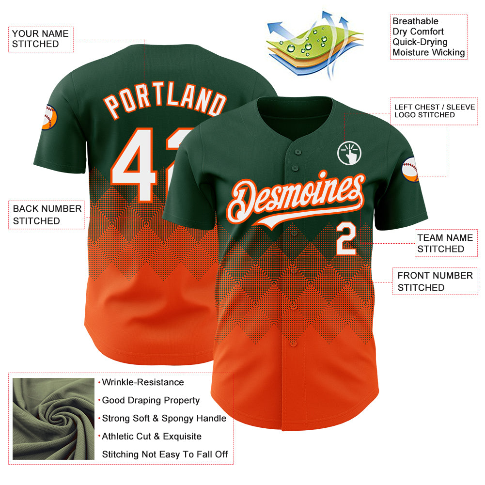 Custom Green White-Orange 3D Pattern Design Gradient Square Shapes Authentic Baseball Jersey