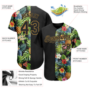 Custom Black Old Gold 3D Pattern Design Hawaii Tropical Pineapples, Palm Leaves And Flowers Authentic Baseball Jersey