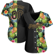 Custom Black Old Gold 3D Pattern Design Hawaii Tropical Pineapples, Palm Leaves And Flowers Authentic Baseball Jersey