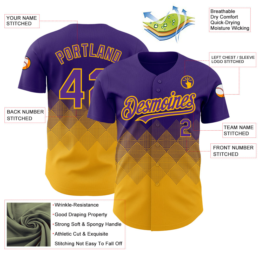 Custom Purple Gold 3D Pattern Design Gradient Square Shapes Authentic Baseball Jersey