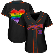 Custom Black Purple-Orange Rainbow Colored Heart For World Pride LGBT Authentic Baseball Jersey