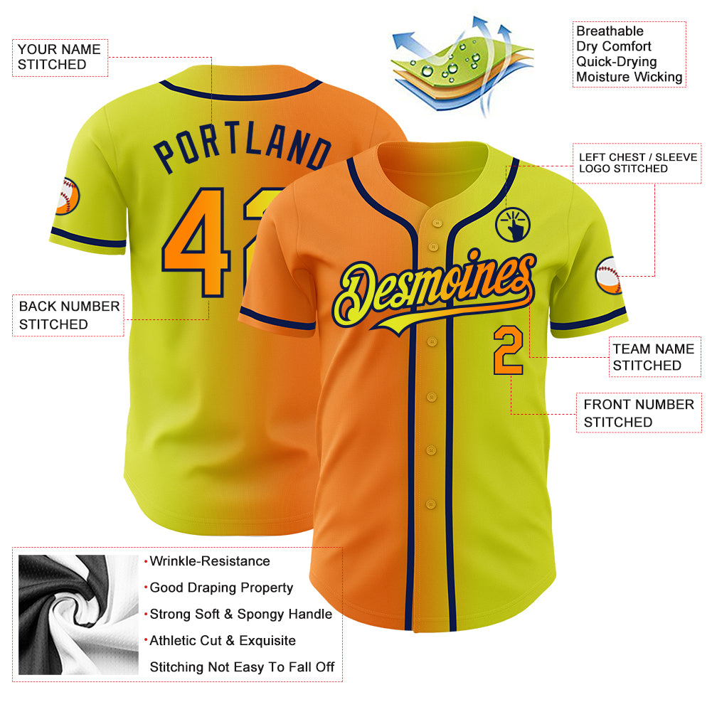 Custom Neon Yellow Bay Orange-Navy Authentic Gradient Fashion Baseball Jersey