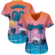 Custom Orange Teal-Navy 3D Pattern Design Sun Beach Hawaii Palm Trees Authentic Baseball Jersey