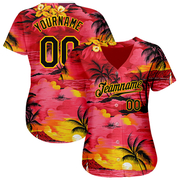 Custom Red Black-Yellow 3D Pattern Design Sun Beach Hawaii Palm Trees Authentic Baseball Jersey