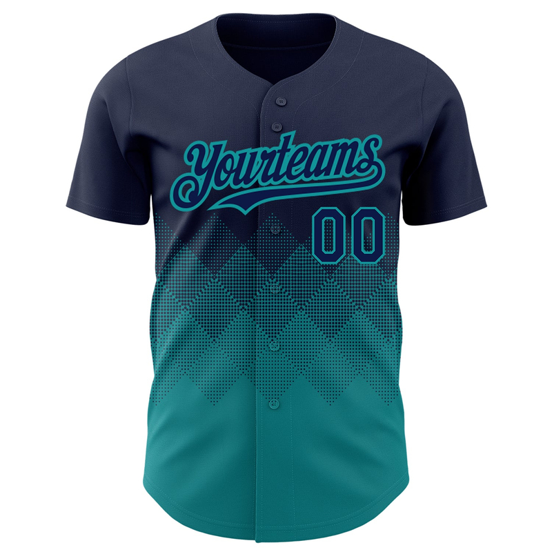 Custom Navy Teal 3D Pattern Design Gradient Square Shapes Authentic Baseball Jersey