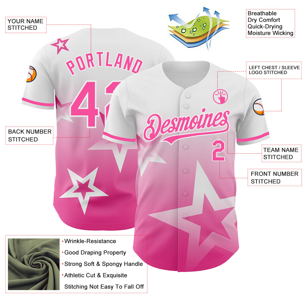 Custom White Pink 3D Pattern Design Gradient Style Twinkle Star Authentic Baseball Jersey