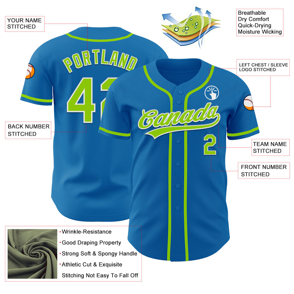 Custom Blue Neon Green-White Authentic Baseball Jersey