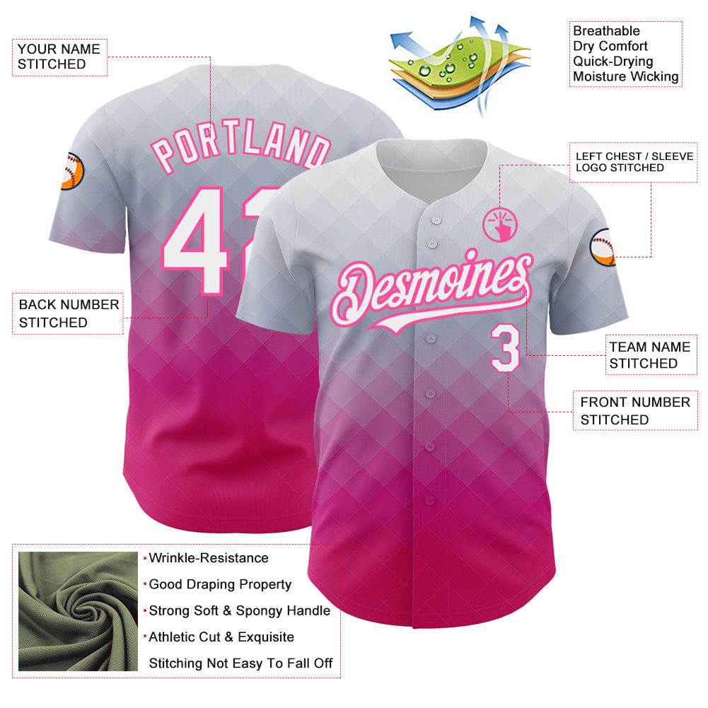 Custom Gray White-Pink 3D Pattern Design Gradient Square Shape Authentic Baseball Jersey