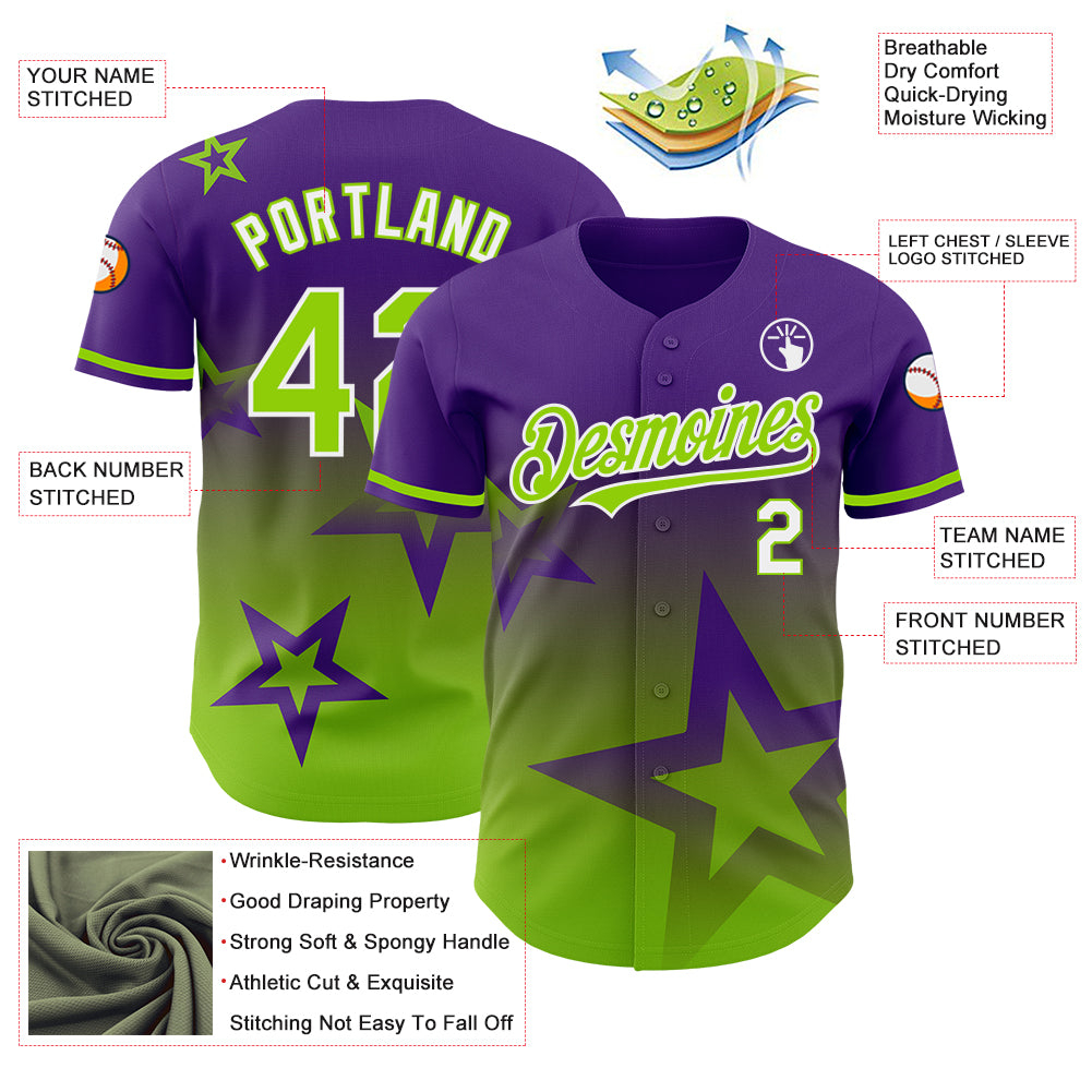Custom Purple Neon Green-White 3D Pattern Design Gradient Style Twinkle Star Authentic Baseball Jersey