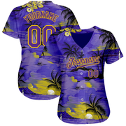 Custom Purple Yellow 3D Pattern Design Sun Beach Hawaii Palm Trees Authentic Baseball Jersey