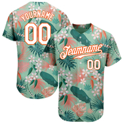 Custom Teal White-Orange 3D Pattern Design Hawaii Palm Leaves And Flowers Authentic Baseball Jersey