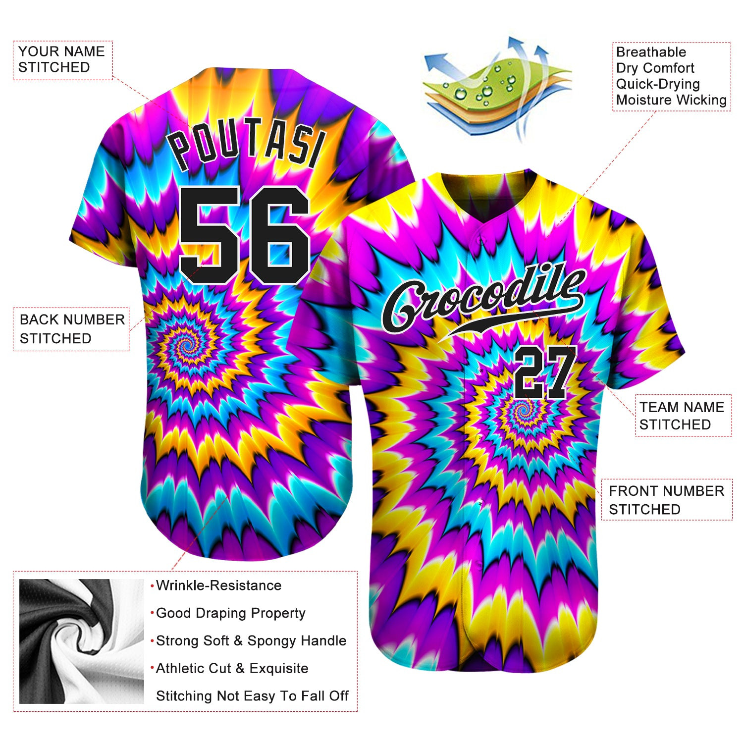Custom Tie Dye Black-White 3D Authentic Baseball Jersey