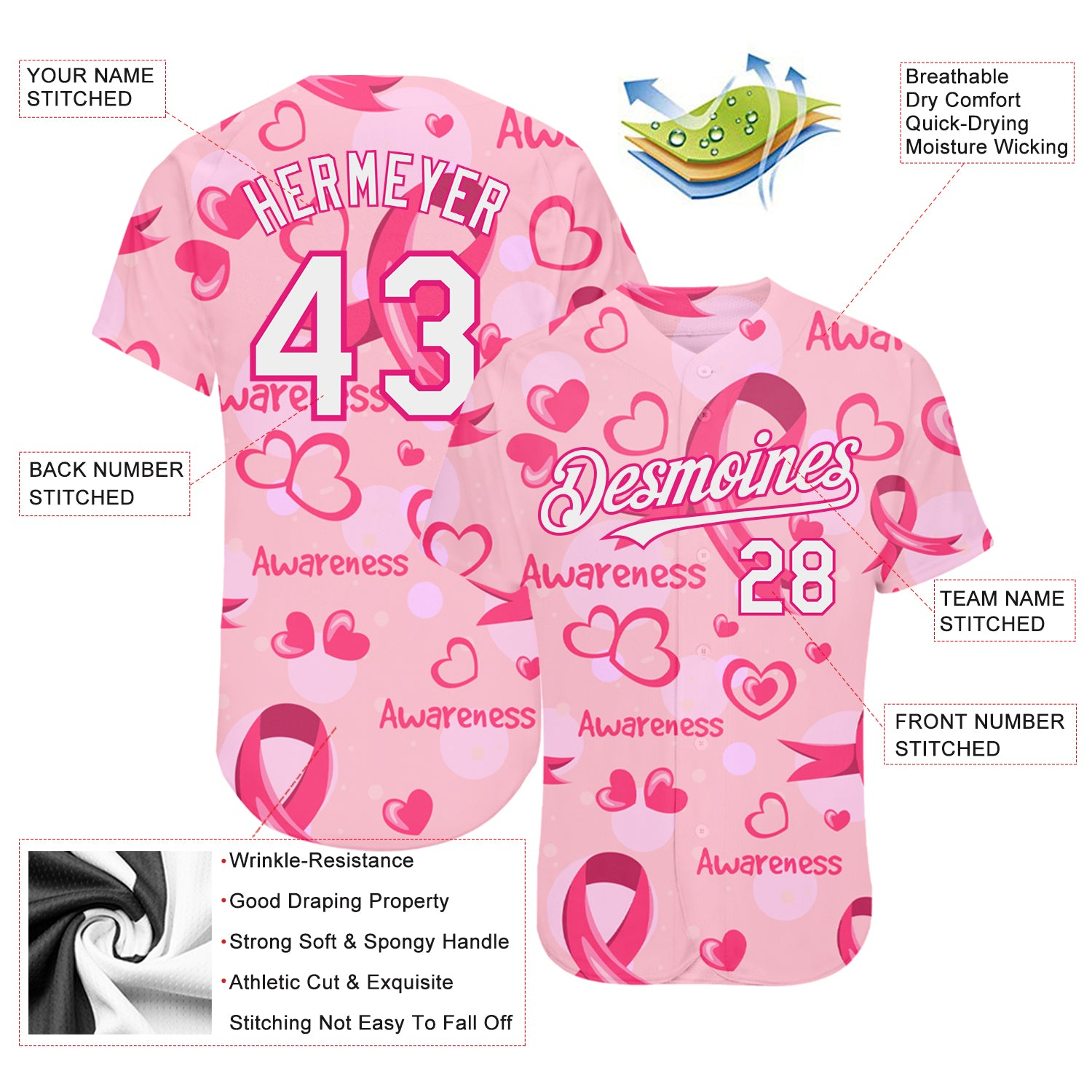 Custom Pink White-Hot Pink 3D Pink Ribbon Breast Cancer Awareness Month Women Health Care Support Authentic Baseball Jersey