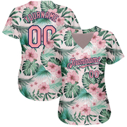 Custom White Medium Pink-Navy 3D Pattern Design Hawaii Palm Leaves And Flowers Authentic Baseball Jersey