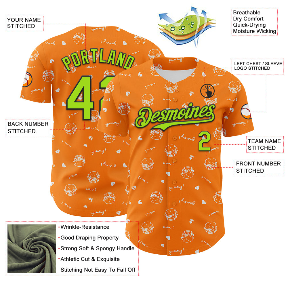 Custom Bay Orange Neon Green-Black 3D Pattern Design Foodie Fast Food Burger Authentic Baseball Jersey
