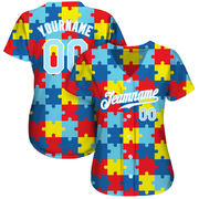 Custom Autism Awareness Puzzle Pieces Light Blue-White 3D Authentic Baseball Jersey