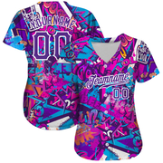 Custom Graffiti Words Pattern White-Purple 3D Authentic Baseball Jersey
