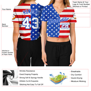 Custom Women's Royal White-Red American Flag Fashion 3D V-Neck Cropped Baseball Jersey