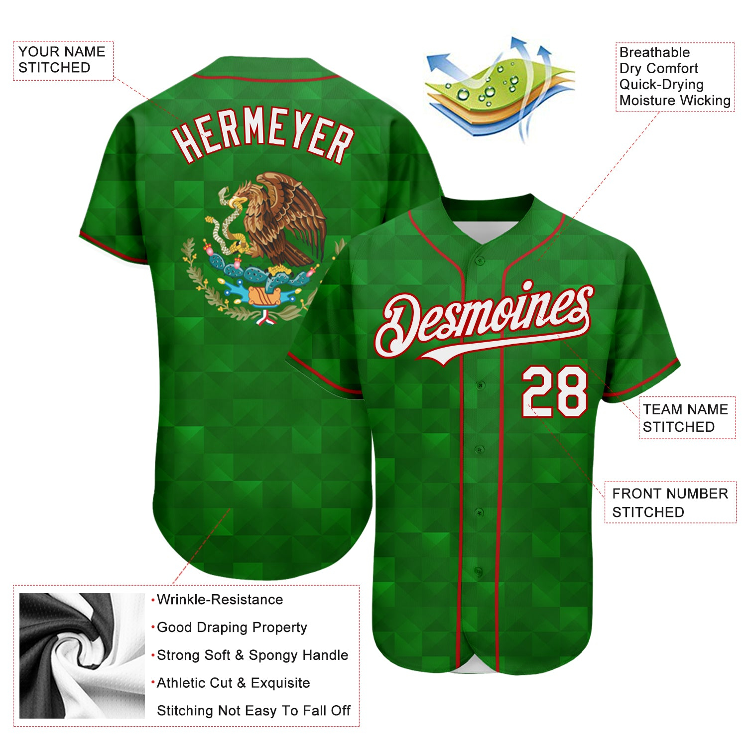 Custom Kelly Green White-Red 3D Mexico Authentic Baseball Jersey