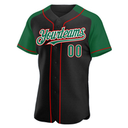 Custom Black Kelly Green-Red Authentic Raglan Sleeves Baseball Jersey