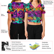 Custom Women's Graffiti Pattern Purple-Pink Bright Neon Colors 3D V-Neck Cropped Baseball Jersey