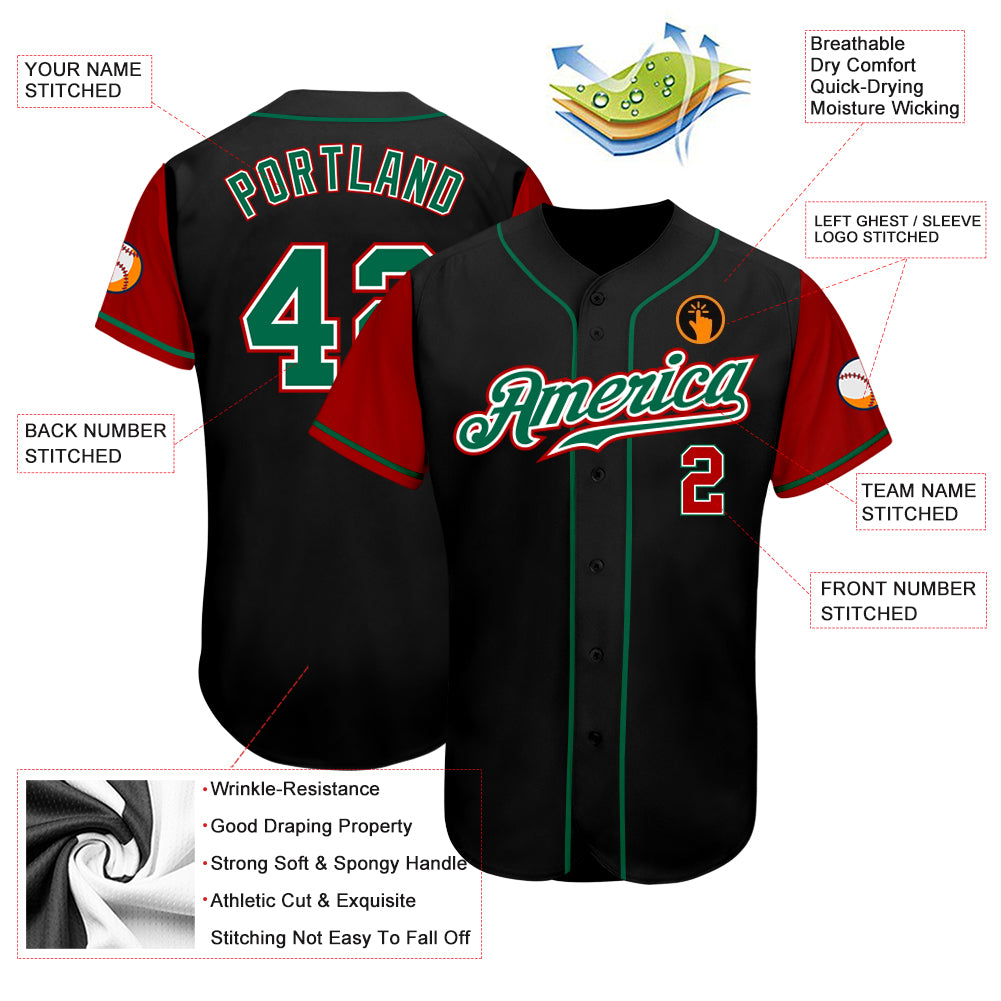 Custom Black Kelly Green-Red Authentic Two Tone Baseball Jersey