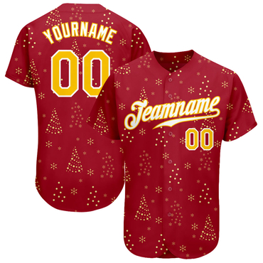 Custom Red Gold-White Christmas 3D Authentic Baseball Jersey