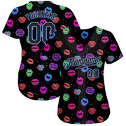 Custom Graffiti Pattern Black-Light Blue 3D Dots And Kiss Lips Authentic Baseball Jersey