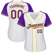 Custom White Purple Pinstripe Purple-Gold Authentic Raglan Sleeves Baseball Jersey