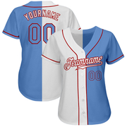 Custom White Light Blue-Red Authentic Split Fashion Baseball Jersey