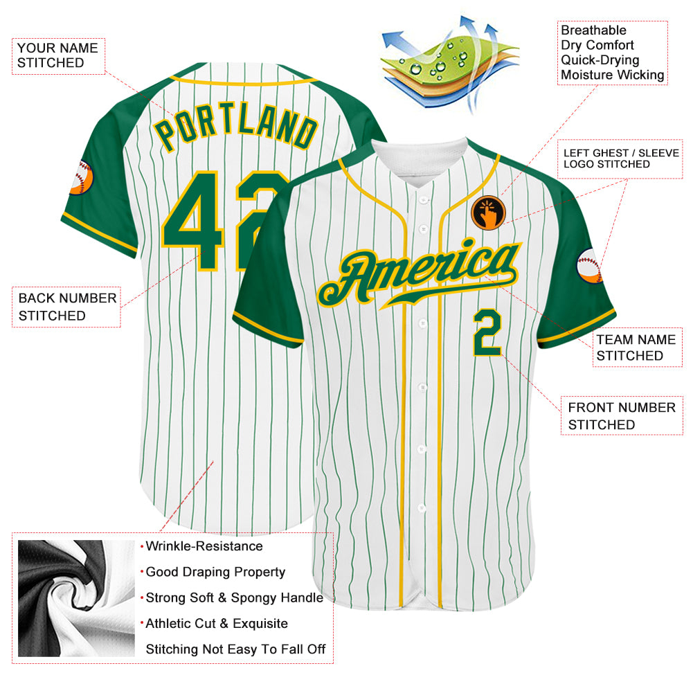 Custom White Kelly Green Pinstripe Kelly Green-Gold Authentic Raglan Sleeves Baseball Jersey