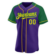 Custom Purple Yellow-Kelly Green Authentic Raglan Sleeves Baseball Jersey