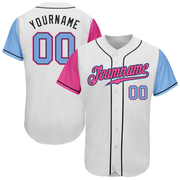 Custom White Light Blue Pink-Black Authentic Two Tone Baseball Jersey