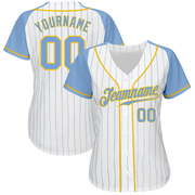 Custom White Light Blue Pinstripe Light Blue-Gold Authentic Raglan Sleeves Baseball Jersey