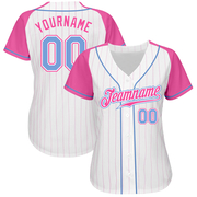 Custom White Pink Pinstripe Light Blue-Pink Authentic Raglan Sleeves Baseball Jersey