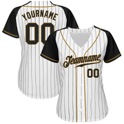 Custom White Black Pinstripe Black-Old Gold Authentic Raglan Sleeves Baseball Jersey