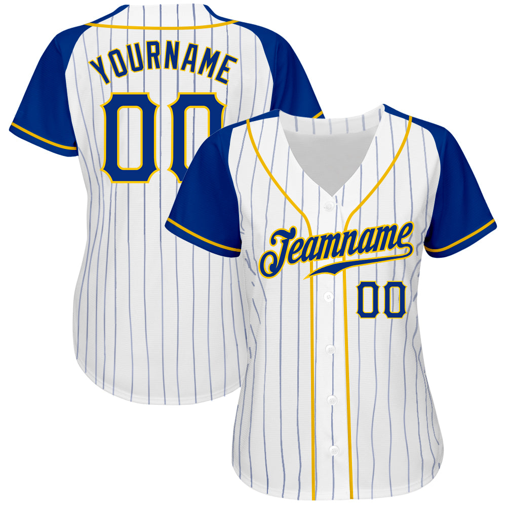 Custom White Royal Pinstripe Royal-Gold Authentic Raglan Sleeves Baseball Jersey