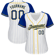 Custom White Royal Pinstripe Royal-Gold Authentic Raglan Sleeves Baseball Jersey