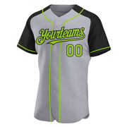 Custom Gray Neon Green-Black Authentic Raglan Sleeves Baseball Jersey