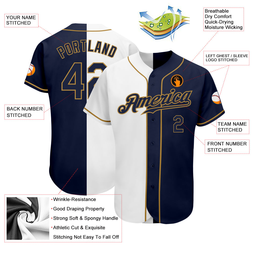 Custom White Navy-Old Gold Authentic Split Fashion Baseball Jersey