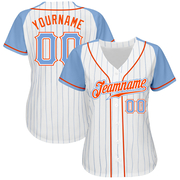 Custom White Light Blue Pinstripe Light Blue-Orange Authentic Raglan Sleeves Baseball Jersey