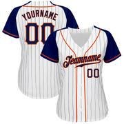 Custom White Navy Pinstripe Navy-Orange Authentic Raglan Sleeves Baseball Jersey